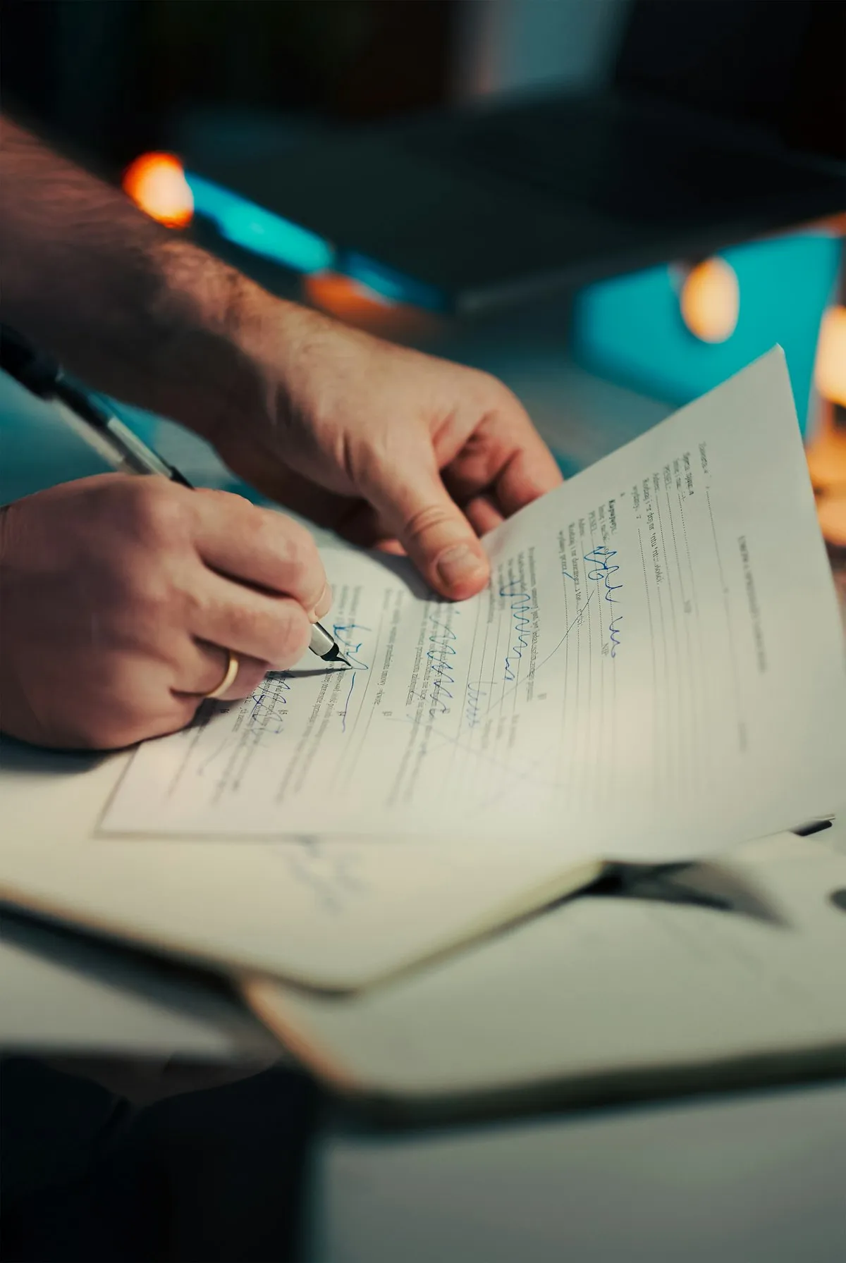 Signing legal documents for a property title transfer
